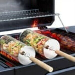 2 Rolling BBQ Grill Baskets with Removable Wooden Handle – 304 Stainless Steel